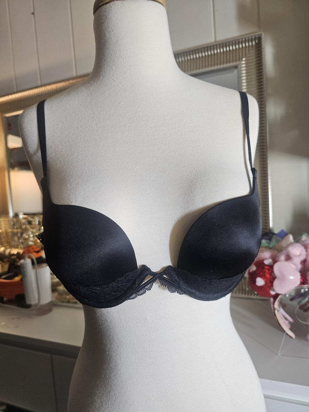 Victoria's Secret Black Satin Push-Up Bra with Lace Trim